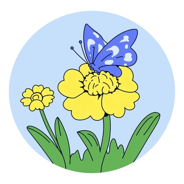 A delicate butterfly with vibrant blue wings is resting on a bright yellow ranunculus bloom. The butterfly's wings are slightly open, showcasing intricate patterns. The ranunculus has several layers of soft petals that form a rounded shape. The garden surrounding them features lush green foliage and a clear blue sky above, with soft sunlight illuminating the scene.