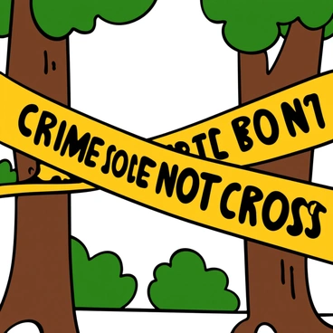 Close-up of yellow crime scene tape with black lettering that reads "CRIME SCENE DO NOT CROSS," fluttering in the breeze. The tape is stretched between two tree trunks, with a blurred background of greenery and sunlight filtering through the leaves. The texture of the tape is visible, showing slight wrinkles as it moves.