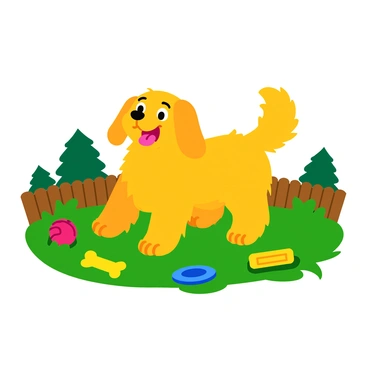 A playful dog with a fluffy golden coat is barking excitedly in a backyard. The dog has its tail wagging energetically, and its tongue is out in a happy expression. Surrounding the dog, there are colorful toys scattered across the green grass, including a bright red ball, a blue frisbee, and a yellow squeaky bone. In the background, there are a few trees and a wooden fence, creating a cheerful, lively atmosphere.