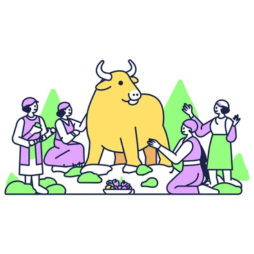 A scene depicting a group of people worshipping a golden calf statue in the wilderness