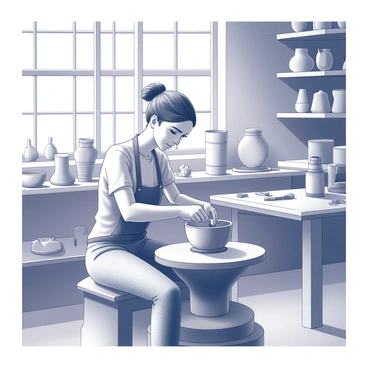 An artisan is seated at a pottery wheel, diligently shaping a piece of clay with their hands. The artisan's focused expression reflects their concentration as they mold the material into a vessel. Sunlight streams through large windows, casting shadows and illuminating the work area filled with various pottery tools and finished pieces. The studio has wooden shelves lined with clay creations, and a workbench cluttered with sculpting tools and a bowl of water. The atmosphere appears calm and industrious, emphasizing the craft of pottery making.