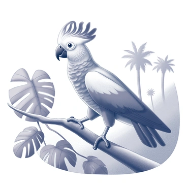 A cockatoo walking on a tree branch. The bird has an impressive crest raised high and is adorned with intricate feather details. The branch is thick and gnarled, surrounded by lush tropical foliage. In the background, large leaves and a few distant trunks of palm trees create a dense, natural environment. The cockatoo holds its head high, exuding a proud demeanor.