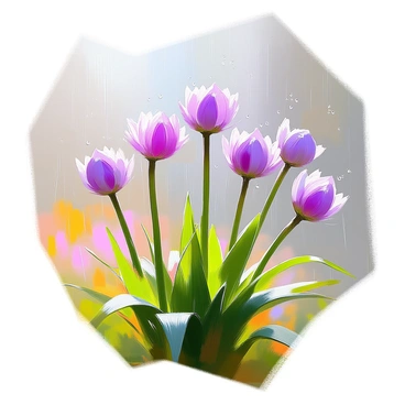 A cluster of "Allium flowers" with round purple blooms is depicted, their slender green stems bending gracefully under the weight of "raindrops" during a gentle shower. The flowers are scattered among lush green foliage, with droplets glistening on the petals and leaves. The background features a blurred, soft-focus representation of a garden setting, enhancing the focus on the vibrant colors of the Allium flowers as they sway slightly in the soothing rain.
