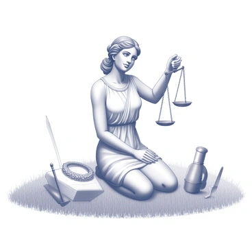 A figure of "Themis," the Greek goddess of justice, is sitting calmly in an open field. She has a serene expression, embodying a sense of balance and harmony. Surrounding her are "balanced scales," delicately positioned to reflect her role in justice. Also present are various "symbols of fairness," such as a sword and a laurel wreath, enhancing the theme of equity. The backdrop features a wide expanse of grass, adding to the tranquility of the scene.