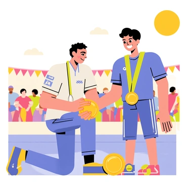 A coach with short brown hair and wearing a whistle around their neck is kneeling down to present a shiny gold medal to a proud athlete. The athlete, with a beaming smile, has short black hair and is wearing a blue sports uniform. The setting is a vibrant sports event with colorful banners in the background and a cheering crowd. The sun is shining bright, casting warm light on the scene, highlighting the excitement in the air. The medal is glimmering as it catches the light, symbolizing achievement and success.