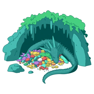 A teal cave entrance is partially obscured by lush green vines and mossy rocks. Inside the cave, a magnificent dragon with shimmering scales is curled up, sleeping peacefully on a large pile of colorful, glittering treasures. Gold coins and sparkling jewels are scattered around the dragon, reflecting light in the dark cavern. The dragon's wings are tucked close to its body, and its long tail coils gently around the treasure pile. Stalagmites rise from the cave floor, adding texture to the scene.