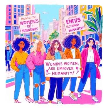 A modern-day protest scene features several women standing together in a lively urban environment. Each woman is holding a sign that reads "Gender Equality Now," "Women's Rights Are Human Rights," and "Empower Women, Empower Humanity." The women are of diverse ethnic backgrounds, including one with curly black hair, another with straight brown hair, and a third with braided hair. They are wearing casual clothing such as jeans and colorful t-shirts. In the background, a modern cityscape is visible with tall buildings and greenery. The atmosphere is dynamic, with a sense of determination and unity among the protesters.