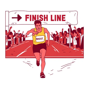 A lead athlete crossing the finish line first in a competitive race