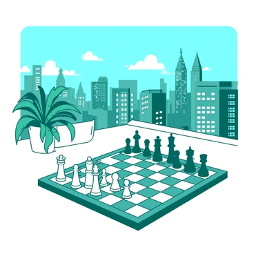 A teal chessboard is set up on a white rooftop, with a white chess set arranged for a game in progress. In the background, a vibrant city skyline is visible, featuring tall buildings and a bright blue sky. A couple of white potted plants are placed on the rooftop near the chessboard, adding a touch of greenery. The scene captures a sense of strategy and competition against the urban backdrop.