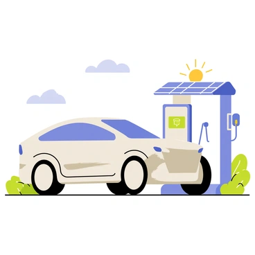 A sleek, high-tech electric car with a shiny metallic body and smooth curves is positioned next to a solar-powered charging station. The charging station is adorned with solar panels on top, capturing sunlight, and features a digital display screen. The car's charging cable is plugged into the station, indicating that it is receiving power. The background shows a bright blue sky with a few fluffy clouds, and green grass surrounds the charging area, highlighting an environmentally friendly scene.