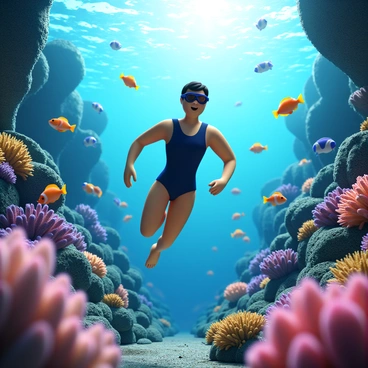 A 3D human figure with a streamlined form, wearing a sleek, form-fitting swimsuit, is swimming gracefully through a vibrant underwater world. The figure has short, dark hair and is wearing goggles, with bubbles trailing behind as they move. Surrounding the swimmer are schools of colorful fish, including bright orange clownfish and blue tangs, darting playfully among the coral. The coral formations are diverse in colors, featuring pink, purple, and green hues, with intricate textures and shapes that create a lively backdrop. Light filters through the water's surface, illuminating the scene with a shimmering glow.