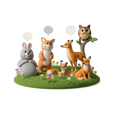 A variety of animals gathered in a lush green meadow, surrounded by wildflowers. A cheerful rabbit with soft gray fur sits on its hind legs, looking towards a wise-looking owl perched on a low branch of a nearby tree. The owl has large, round eyes and detailed feathers. Close by, a playful fox with bright orange fur lounges on the grass, gazing at a curious deer with gentle brown eyes. Each animal has a speech bubble above it, visually connecting them through their conversations. The scene is vibrant and lively, filled with the essence of nature and animal camaraderie.