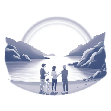 A cove with rocky cliffs framing the shoreline. The water is calm and reflects the surrounding landscape. Above the scene, a "rainbow" arches across the sky, connecting both sides of the cove. A small group of individuals is gathered by the water's edge, standing closely together. One person is positioned slightly in front, gesturing as they speak, portraying the role of a "preacher." The group is attentively listening, with expressions that convey engagement and thoughtfulness. The beach is sandy, and a few pebbles scatter along the shore.