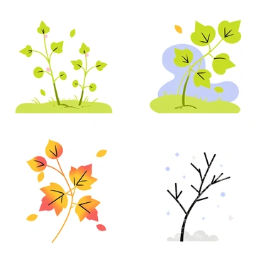 A series of four illustrations depicting "poison ivy" in various seasonal states. The first illustration shows "poison ivy" in spring, with fresh green leaves emerging from the ground, highlighted by delicate pink buds. The second illustration captures "poison ivy" in summer, with vibrant green leaves fully developed, surrounded by a bright blue sky and lush green grass. The third illustration portrays "poison ivy" in autumn, with the leaves changing to shades of orange, red, and yellow, set against a backdrop of falling leaves. The final illustration showcases "poison ivy" in winter, with bare branches and remnants of dried leaves coated in a light dusting of snow, under a gray sky.