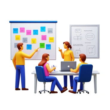 A group of four people in a modern office space, engaged in a brainstorming session. One person is pointing towards a wall covered with colorful sticky notes, while another is taking notes on a notepad. A third person is looking thoughtfully at the wall, and the fourth is sitting at a table with a laptop open. The sticky notes feature various ideas and concepts written in different colors. A whiteboard is nearby, filled with diagrams and sketches related to their project. The atmosphere is collaborative and focused.