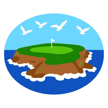 A golf hole set on rugged cliffs with a vibrant green putting surface. The hole features a white flag waving gently in the wind, clearly marking its location. Below the cliffs, deep blue ocean waves crash against the rocky shore, creating a dynamic scene. Above, several seagulls are soaring gracefully in the clear blue sky, their white feathers contrasting against the azure backdrop. The cliffs are adorned with patches of grass and small flowering plants, enhancing the natural beauty of the landscape.