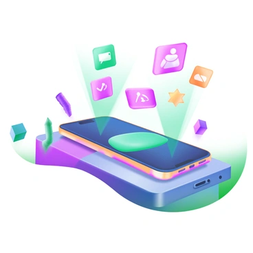 A modern pastel illustration featuring a futuristic 3D phone placed on a sleek surface. The phone has a streamlined design with glowing edges and a large display. Holographic projections are emanating from the screen, showcasing various apps and icons in vibrant colors. The projections create a sense of depth and movement, with some icons appearing to float above the phone. Surrounding the phone are subtle geometric shapes that enhance the high-tech atmosphere.