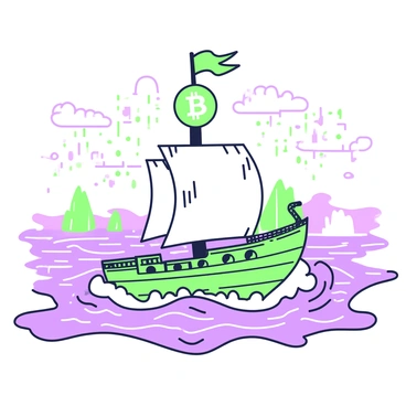 A pirate ship is sailing on a vast expanse of digital seas filled with intricate patterns and geometric shapes. The ship features large, tattered sails and a wooden hull with visible planks and cannons. At the top of the mast, there is a giant "bitcoin" coin acting as the ship's flag, prominently displayed for all to see. Surrounding the ship are waves rendered in a digital style, with shades of green and purple creating a dynamic backdrop. In the distance, abstract islands and floating data points can be seen on the horizon.