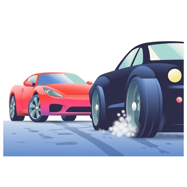 Two cars, a bright red sports car and a sleek black muscle car, are lined up at the starting line for a drag race. The vibrant red car features shiny alloy wheels and an aerodynamic design, while the black car has an aggressive stance with a polished finish. The asphalt track beneath them has visible tire marks, indicating previous races. Close-up, the tires are made of thick rubber and show signs of wear, gripping the surface tightly. Clouds of dust and rubber particles are kicked up around the tires, highlighting the friction as the race is about to begin. The background is blurred, putting emphasis on the intense focus of the two cars.