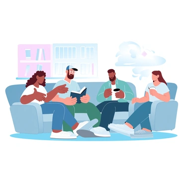 A group of four friends is seated in a cozy living room, engaging in a lively discussion about a book. Two friends, a woman with curly hair and a man with a baseball cap, are sitting on a comfortable couch, with the book open on their laps. The woman is gesturing animatedly, while the man is leaning forward, listening intently. Another friend, a man with glasses, is perched on the arm of the couch, holding a steaming mug. He has a thoughtful expression as he shares his perspective. The last friend, a woman with straight hair, is lounging in an armchair, taking notes in a notebook. Soft, warm lighting fills the room, highlighting a bookshelf filled with various books in the background, and a large window reveals a hint of greenery outside.
