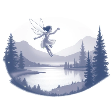 A fairy with delicate, transparent wings is flying gracefully above a shimmering lake. The surface of the water reflects the surrounding trees and the soft glow of moonlight. The fairy is dressed in flowing garments, appearing ethereal as she hovers mid-air. Around her, small sparkles of light seem to emanate, adding to the enchanting atmosphere. The landscape is framed by lush greenery, enhancing the magical feel of the scene.