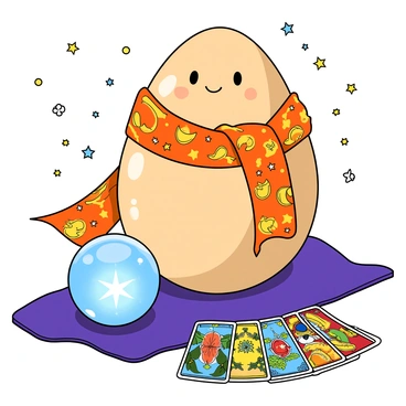 A smooth, shiny egg with a glossy surface dressed in colorful fortune teller attire. The egg wears a flowing, patterned scarf wrapped around its top, adorned with stars and moons. Its small, cartoonish eyes are wide with curiosity. In front of the egg, there is a sparkling crystal ball resting on a velvet cloth. Next to the ball, a spread of colorful tarot cards is fanned out, each featuring whimsical illustrations. The background is filled with mystical symbols and constellations, enhancing the enchanting atmosphere of the scene.