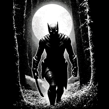 A night hunter champion is stealthily moving through a dense forest under the glowing light of the moon. The champion is clad in dark, intricate armor that fits tightly to their body, blending seamlessly with the shadows around them. They have sharp features and piercing eyes that are focused ahead. Tall trees loom around, their branches creating an intricate pattern against the night sky. The ground is covered with leaves and underbrush, crunching softly under the hunter's feet. In the background, faint hints of wildlife can be seen, adding to the sense of a dark, vibrant ecosystem.