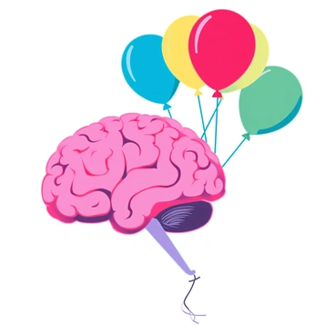 A brain with helium balloons lifting it into the air