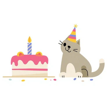 A cute gray cat with white paws is sitting next to a round birthday cake decorated with colorful icing. The cat is wearing a small, colorful party hat that has alternating red, yellow, and blue stripes. The birthday cake has a single candle on top, surrounded by confetti scattered on the table. The scene captures a festive atmosphere with the cat looking curiously at the cake.