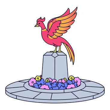 A grand statue of a phoenix stands tall in the center of a city square. The statue features vibrant red and orange feathers, intricately carved to show the details of the bird's wings and tail. Around the base of the statue, colorful flowers bloom in various shades of pink, yellow, and purple. The square is paved with gray cobblestones that provide a striking contrast to the bright colors of the statue and the flowers.