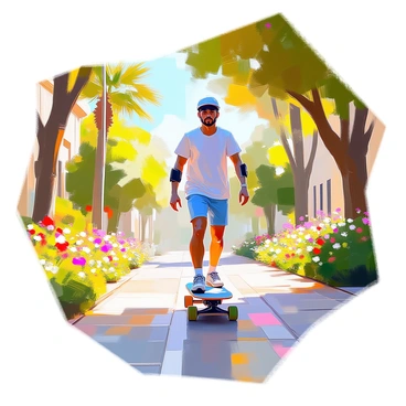 An eco-conscious longboarder with medium skin tone is gliding smoothly along a tree-lined street in a vibrant green neighborhood. He is wearing a light t-shirt and comfortable shorts, with protective gear on his elbows and knees. Lush plants and tall trees frame the scene, with dappled sunlight filtering through the leaves above. Colorful flowers bloom in nearby gardens, adding to the lively ambiance. The longboarder is focused and enjoying the fresh air, showcasing a sense of freedom and connection to nature.