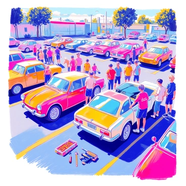 A parking lot is filled with several cars of various colors and designs. Members of a car club are gathered around their vehicles, engaged in lively conversations. Some individuals are leaning against their cars while others are standing beside them, pointing out features and discussing modifications. Each car has a shiny exterior, reflecting the sunlight. Several members are wearing branded club t-shirts, and there are tools and equipment laid out on the ground near the cars. The atmosphere is dynamic, with a mix of excitement and camaraderie among the group.