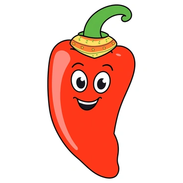 A bright red chili pepper with a large, cheerful smile and big, expressive eyes. The chili pepper has a shiny surface, highlighting its glossy texture. Atop its head, it wears a tiny, colorful hat that adds a playful touch. The hat is adorned with small patterns, creating a fun and lively appearance. The chili pepper's green stem stands out, contrasting with its vibrant red body. The background is simple, allowing the chili pepper to be the main focus of the image.