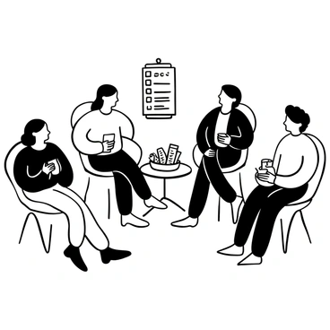 A circle of individuals seated in comfortable chairs, engaged in conversation. Each person is holding a notebook or a cup of tea. One individual is demonstrating a foot care technique using a model foot. There is a small table in the center with pamphlets about diabetic foot health and a bowl of healthy snacks. "Sharing Experiences" is written on a poster in the background. The atmosphere conveys a sense of community and support among the participants.