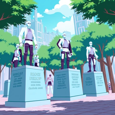 A solemn city square featuring several statues of fallen heroes from "Attack on Titan." Each statue stands on a stone pedestal, intricately detailed with engravings that represent the heroes' accomplishments. The figures are depicted in heroic poses, showcasing their distinctive attire and weapons. Surrounding the statues are lush green trees that frame the square, and cobblestone pathways lead to each pedestal. A gentle breeze stirs the leaves, while a soft light filters through the branches, casting dappled shadows on the ground. In the background, there are historical buildings with gothic architecture, adding to the reverent ambiance. A few people can be seen quietly reflecting near the statues.