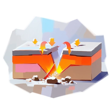 An animated sequence illustrating the geological process of a reverse fault. The image shows two tectonic plates, with one plate being pushed upward over the other due to compressional forces. The background features a cross-section of the Earth's crust, highlighting the fault line in the center. The upper plate appears elevated, while the lower plate is slightly obscured. A series of arrows indicate the direction of movement, emphasizing the compression. Additionally, small rocks and debris are shown shifting as the fault forms, adding to the dynamic nature of the scene.