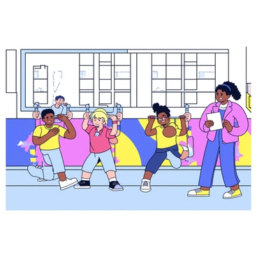 A high school gym class in a spacious gymnasium. Several students are practicing inverted rows using sturdy exercise bars. The students are positioned in a line, each holding onto the bar with their hands while pulling their bodies upward. A teacher stands nearby, offering guidance and supervision. The teacher is wearing sports attire and has a clipboard in hand, observing the students' form. The gym features colorful wall murals and large windows allowing natural light to flood in.
