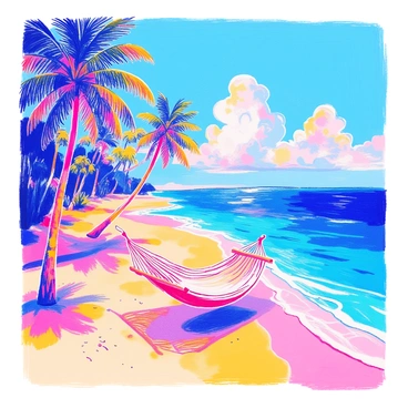 A serene tropical island set with golden beaches, swaying palm trees, and a hammock by the shore