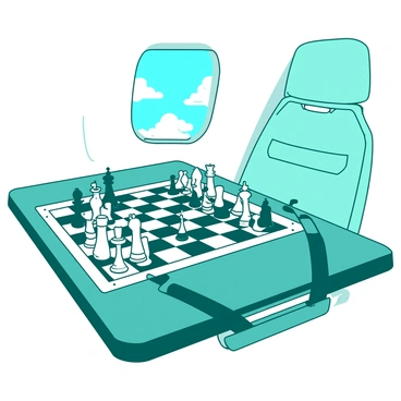 A white portable chess set is laid out on a teal fold-down table inside an airplane cabin. The chess pieces are made of polished wood, with distinct light and dark colors for the king and queen pieces. The table is pulled down from the seatback in front, and there are airplane seatbelts visible on either side of the table. Above the table, the airplane cabin lights create a soft glow, casting shadows on the chessboard. In the background, a window shows a glimpse of the sky outside, with fluffy clouds visible.