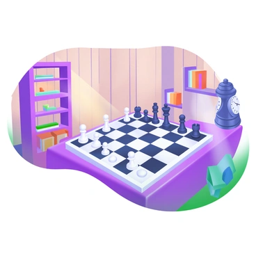 A classic chess board set up for a game, featuring alternating black and white squares. The chess pieces are arranged in their starting positions, with the white pieces on the first two rows and the black pieces on the last two rows. The board rests on a polished wooden table. Surrounding the chess board are soft, warm light sources casting gentle reflections on the surface. The room is adorned with wooden paneling, creating a cozy atmosphere. A few bookshelves filled with books and a single antique chess clock stand nearby, completing the scene.