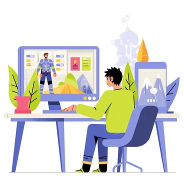 A gamer sitting at a desk in a colorful room, focused on a computer screen. The screen displays a vibrant interface with various game options for customization. Unique characters with distinct features are shown, including a tall warrior with a blue armor and a small mage with a red robe. Surrounding them are lush landscapes depicted in the background, featuring a dense forest, a snowy mountain, and a sprawling desert. The gamer has short hair and wears headphones, immersed in the gameplay experience.