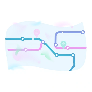 A simplified city transit map is laid out with clear, color-coded subway lines running in various directions. Each line is represented by a different vibrant color, creating a gradient effect that enhances visibility. Stations are marked with simple, rounded shapes along the lines, each filled with distinct colors to represent their respective lines. The background of the map is a soft pastel color, ensuring that the lines and stations stand out prominently. Additional elements like small icons or symbols may indicate transfer points between lines, neatly placed at the intersections of the colored routes.