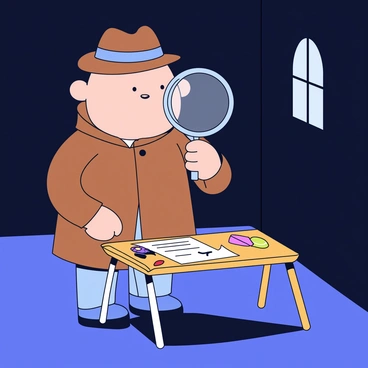 A cartoon detective character with a large round head and a quirky expression is standing in a dimly lit room. The detective wears a classic brown trench coat and a matching fedora hat. He is holding a large magnifying glass up to a piece of paper on a small wooden table. The table has scattered clues, including a footprint and a shiny button. The walls of the room are dark, and there is a single small window letting in a faint ray of light.