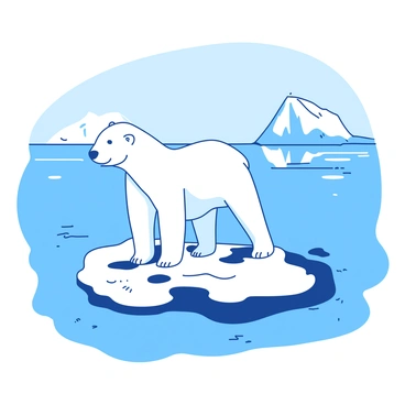 A white polar bear stands on a small piece of ice floating in a blue ocean. The bear appears alert, looking out over the vast expanse of water that surrounds it. The piece of ice shows signs of melting, with small pools of water forming on its surface. In the distance, other larger icebergs can be seen, some partially submerged. The sky above is gray, reflecting a somber mood. The scene emphasizes the bear's isolation in its diminishing habitat, illustrating the impact of climate change.