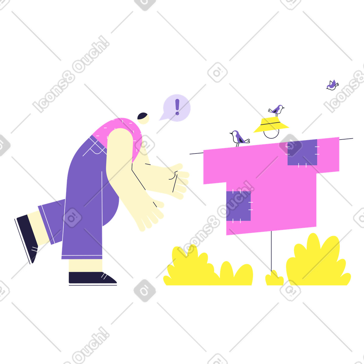 Farmer can't understand why scarecrow not scaring birds illustration in Mellow style download in PNG, SVG
