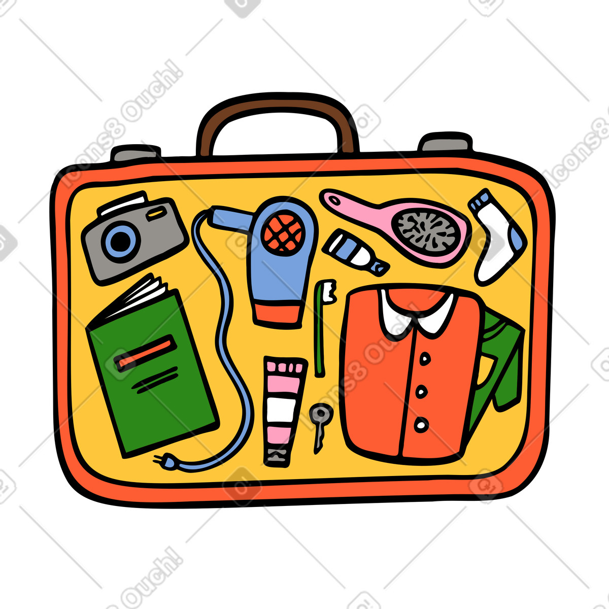 Bagaglio da viaggio con vestiti e oggetti essenziali illustrazione in stile Comic scarica in PNG, SVG