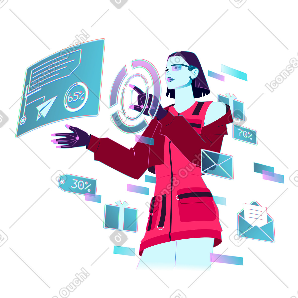 User interacting with futuristic email analytics, Newsletter performance tracking illustration in Neon style download in PNG, SVG