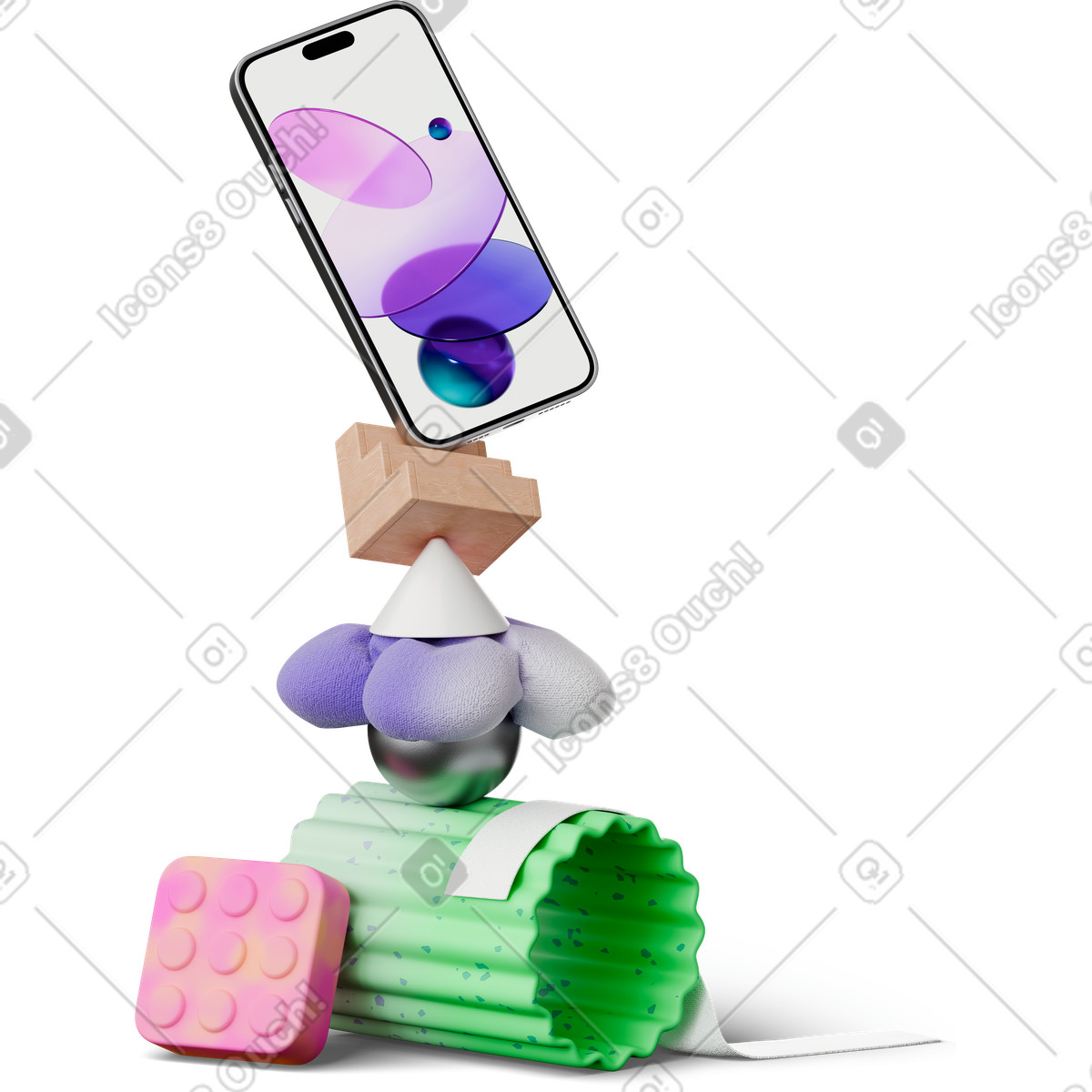 Smartphone in equilibrio su figure astratte illustrazione stile 3D Hygge scarica PNG, SVG
