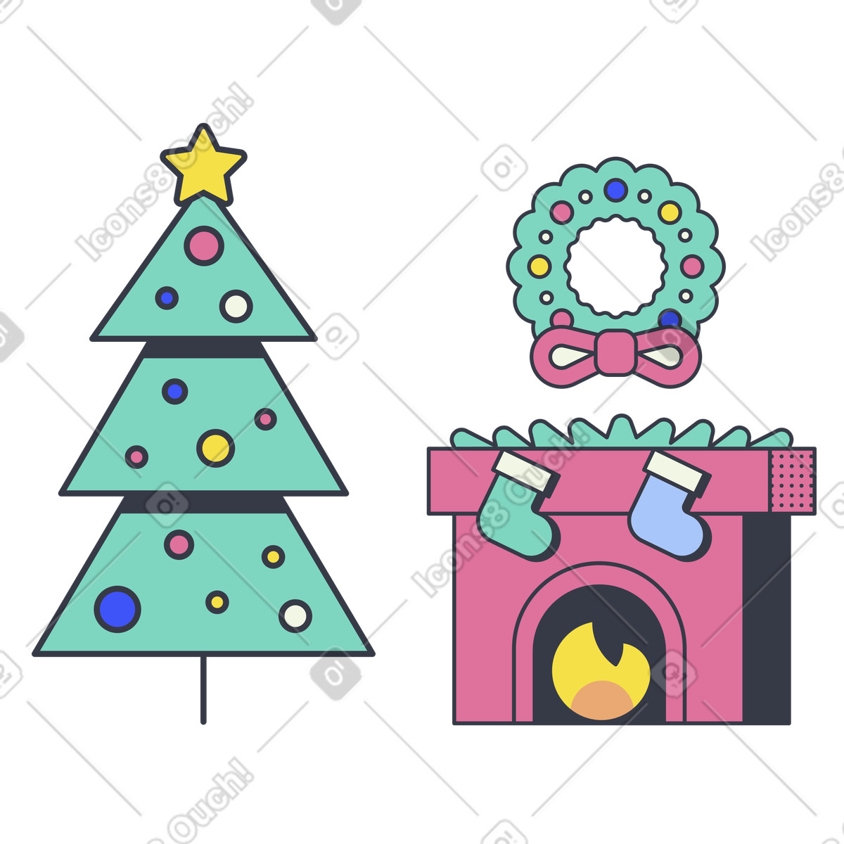 Abstract 스타일의 Christmas tree and fireplace with stockings, home interior 일러스트레이션 PNG, SVG 다운로드
