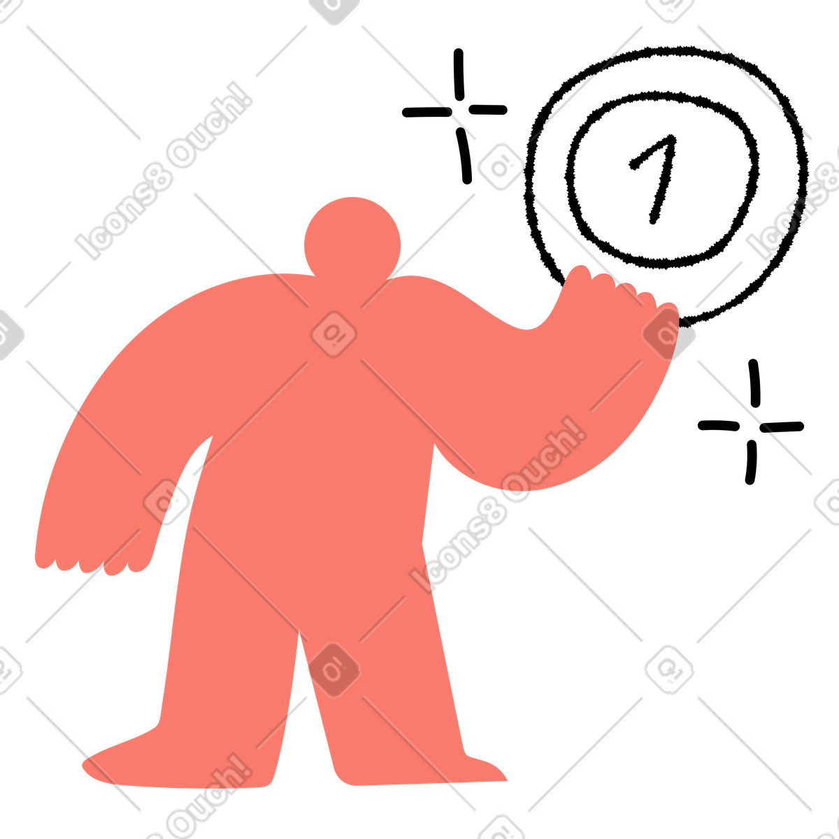 Ilustración Character holding coin with number one and sparkle accents around en estilo Bold People a descargar en PNG y SVG